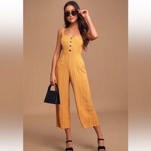 Lulu's Vista Views Mustard Yellow Striped Tie-Back Wide-Leg Jumpsuit